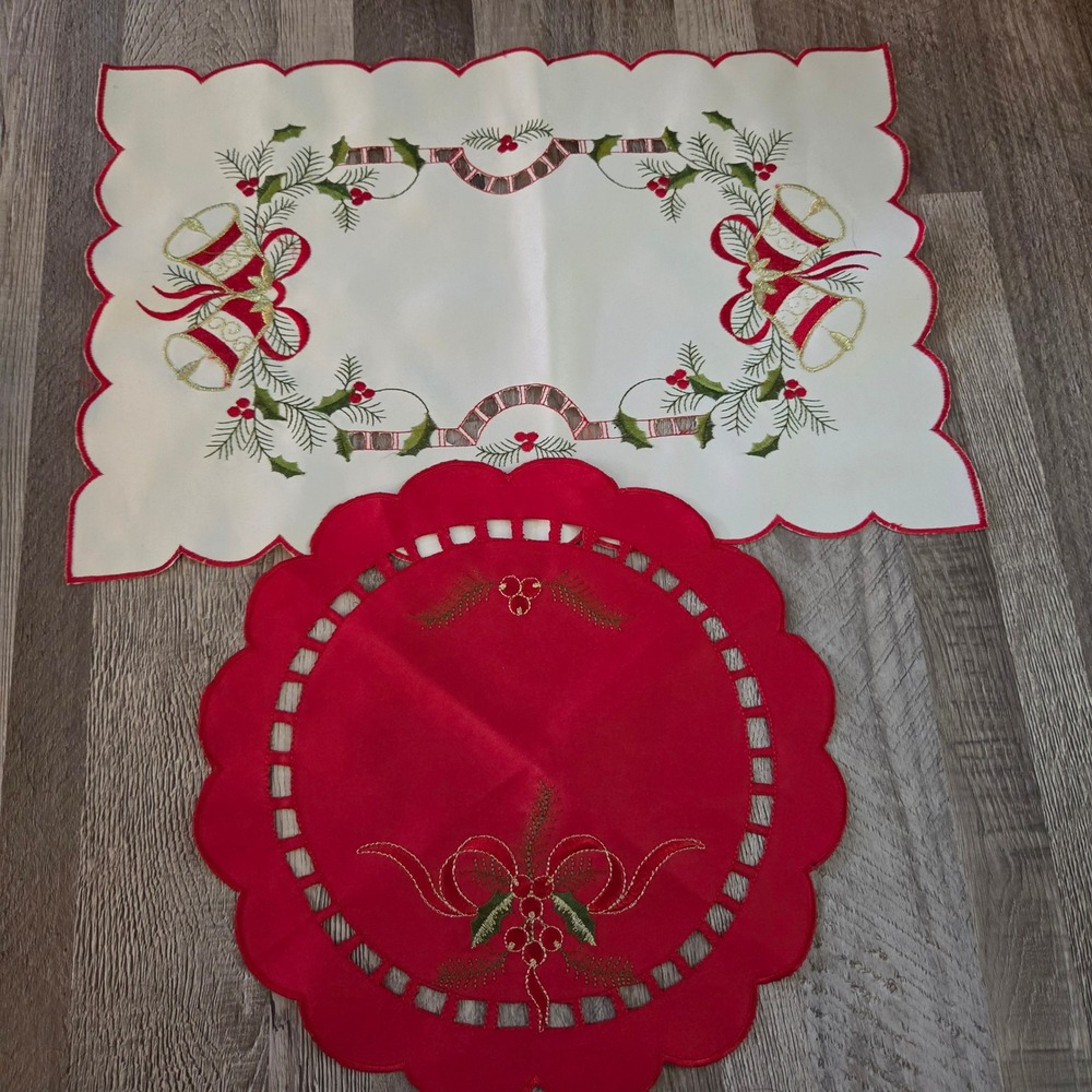 Christmas Table Linens Set Embroidered Holly Bells Placemat and Red Doily